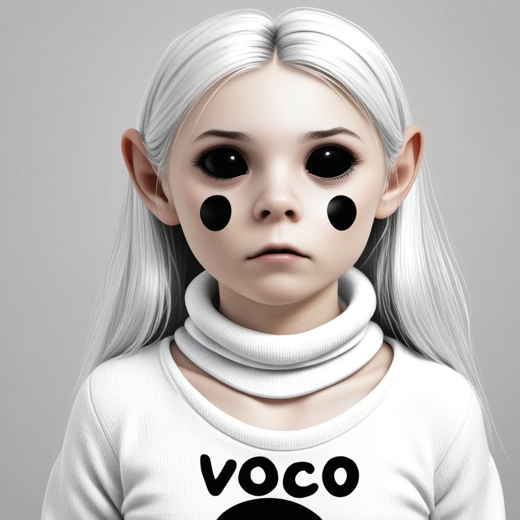 voo is an (adult female and looks about 30 years old) with a (black circle on each cheek) and (black marbles for eyes).She has large and tall. 
voo has (Long white_hair) with a metallic shine.
Voo has a (white_roll_neck_sweater).
sad