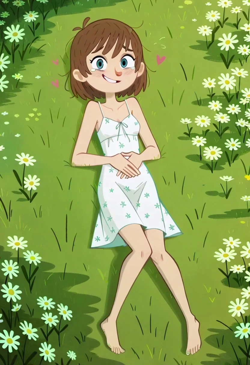 score_9, score_8_up, score_7_up, score_6_up, score_5_up, score_4_up, solo, MattFloo, 1girl, brown hair, teal eyes,
full body, barefoot, lying down, smile, Crying, hearts
Perfect Hands, perfect fingers, 5fingers, perfect small flat chest natural breasts;
White summer dress, printed daisy dress
looking at viewer, flirtatious look, sultry expression,