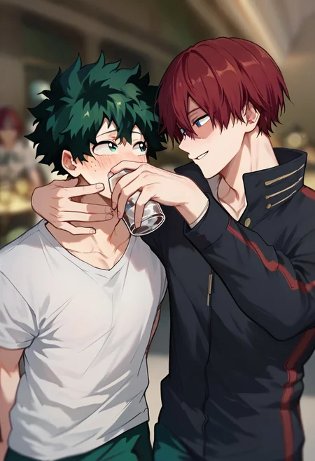 score_9, score_8_up, score_7_up, score_6_up, mha,masterpiece, best quality, amazing quality, best aesthetic, absurdres, intricate details, score_9, score_8_up, score_7_up, score_6_up, masterpiece, best quality, amazing quality, best aesthetic, absurdres, intricate details,d_cup, looking at another, holding cup, DRINKING GLASS, drinking, drunk, blush, blurry background, smile, izuku midoriya,green eyes, freeckles, shoto todoroki,multicolored hair, heterocromia grey eyes, blue eyes, 2boys, multiple boys,blurry background, official style