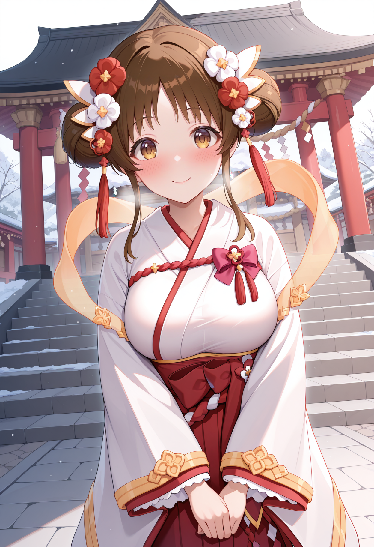 highres, best quality, masterpiece, outdoors, temple, new year, 
1girl, solo, pcrsuzume, brown hair, sidelocks, brown eyes, large breasts, hair bun, double bun,
szmeny, hair flower, hair ornament, white kimono, wide sleeves, red hakama, hakama skirt, hagoromo, bow, 
looking at viewer, blush, smile,
standing, v arms, 
<lora:_suzume_pcr-elesico-ilxl:1>