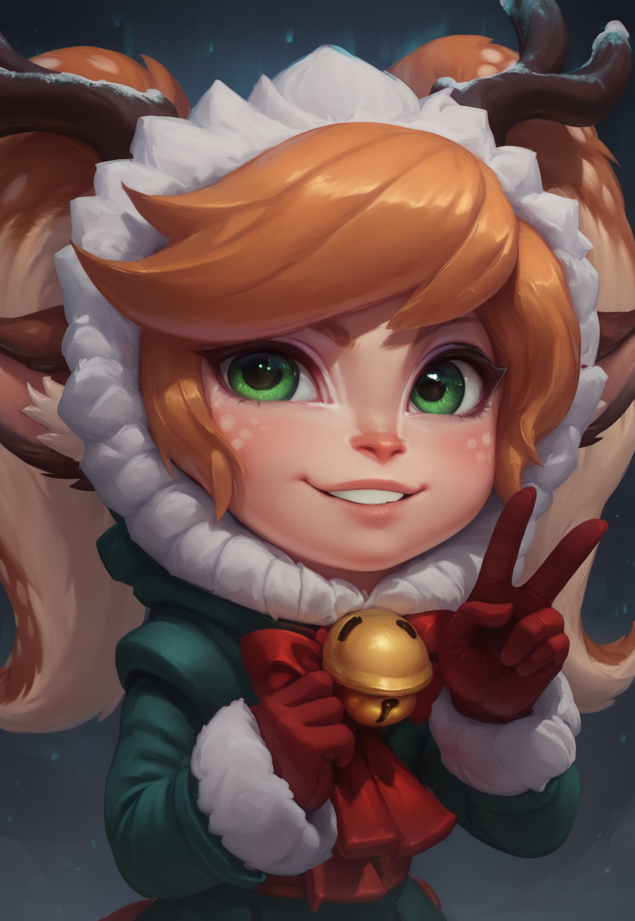 score_9, score_8_up, score_7_up, ultra quality, 1girl, sfpoppy, deer girl, antlers, yordle, shortstack, twintails, green eyes, animal nose, animal ears, upper body, winter clothes, hood, fur trim, red gloves, v sign, looking at viewer, northern lights
