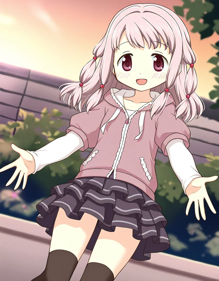 masterpiece, best quality, newest, absurdres, highres, safe, 1girl, tamaki ui \(casual costume\), magia record: mahou shoujo madoka magica gaiden, thighhighs, solo, open mouth, outdoors, dutch angle, <lora:tamaki_ui_noobaiXLNAIXL_vPred10Version:0.7>