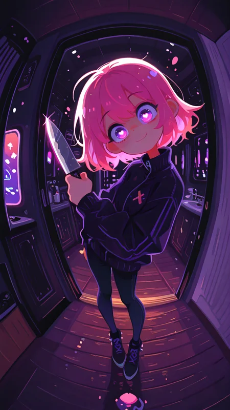 masterpiece, best quality, good quality, newest, highres, absurdres, vivid colors, flat color, 2D, strong lines, Pop Art, no lineart,no outline, 1girl, solo, CivChan, pink hair, purple eyes, heart-shaped pupils, vibrant and expressive, full body, wicked sinister smile with head tilt, one hand clutching a reflective kitchen knife, fine fabric emphasis, striking glowing and detailed eyes, (right eye focus), one eye raised, viewed from side and above, wide angle, (peephole frame), (fisheye, fish eye:1.2), (psycho, obsessive, mentally insane), dynamic angle, dynamic pose, (leaning slightly forwards), aggressive threatening pose, tense and horror-filled, indoors, hotel hallway with dark, dim lighting, high contrast, chiaroscuro, dynamic and ambient lighting, close up, vanripper <lora:TQ_Iridescent_Fantasy_Creations:0.8> <lora:MJ52:0.5> <lora:xl_more_art-full_v1:1> <lora:114558v4df2fsdf5:1> <lora:illustrious_very_aesthetic_v1:0.5> <lora:XXX477:0.2> <lora:sowasowart_style:0.3> <lora:illustrious_flat_color_v2:0.6> <lora:haiz_ai_illu:0.7> <lora:checkpoint-e18_s306:0.75>
