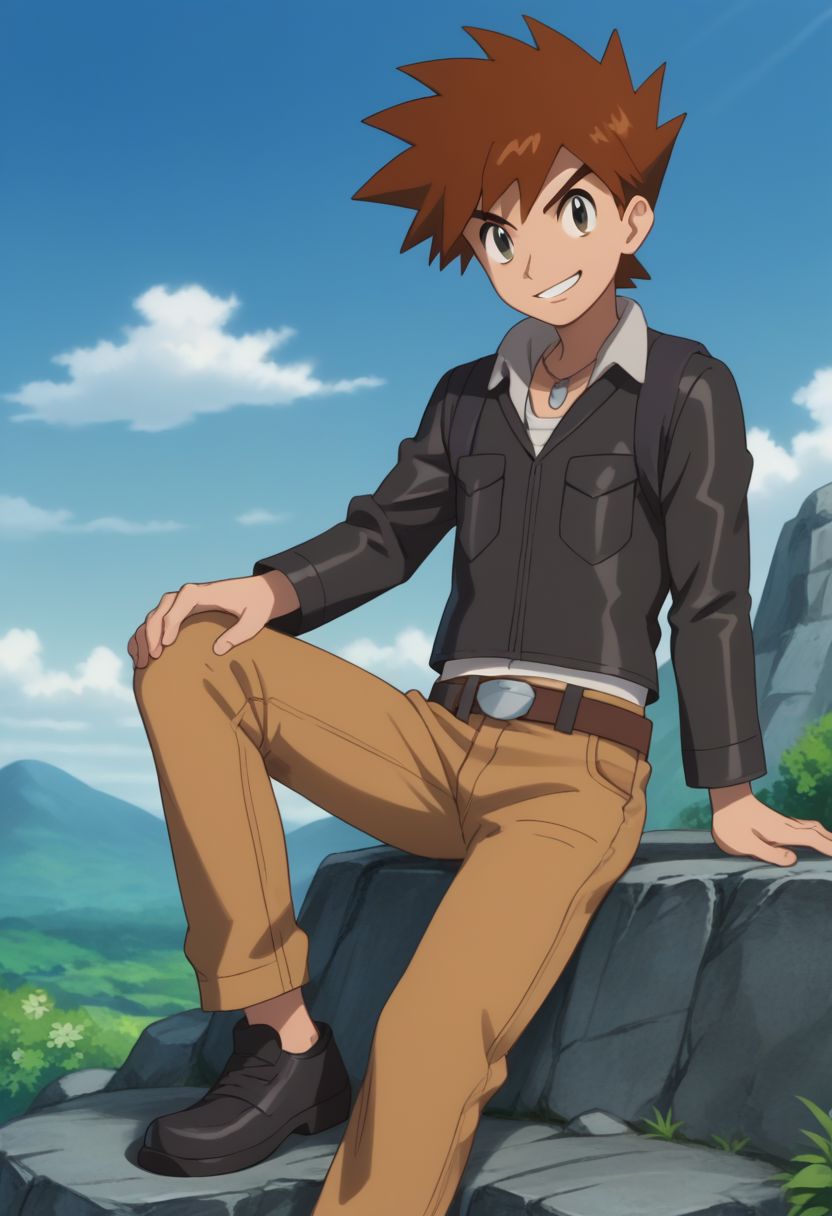 score_9, score_8_up, source_anime, highly detailed, 1boy, solo, skinny
gary_j, 1boy, male focus, solo, jacket, spiked hair, pants, belt, brown hair, smile, brown pants, shoes, jewelry, necklace, belt buckle, bangs, closed jacket,
outdoor, sky, rocks, sit,