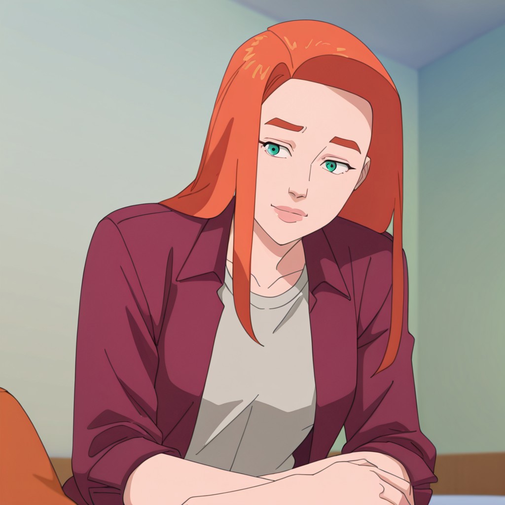 masterpiece, best quality, newest, absurdres, highres, 1girl, AT0Meve-INVPACK-JustEve.V1.0, redhead, long hair, ginger, orange hair, green eyes, shirt, grey shirt, red jacket, open jacket AT0Meve-Evepack.V1.0-casualoutfit1