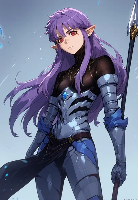 zPDXL3, score_9_up, score_8_up, score_7_up, Anime_source, 1girl, EsilRadiru, red eyes, facial mark, purple hair, long hair, pointy ears, ear piercing, body suit, armor, gauntlet, holding spear, looking at viewer, particles, floating hair