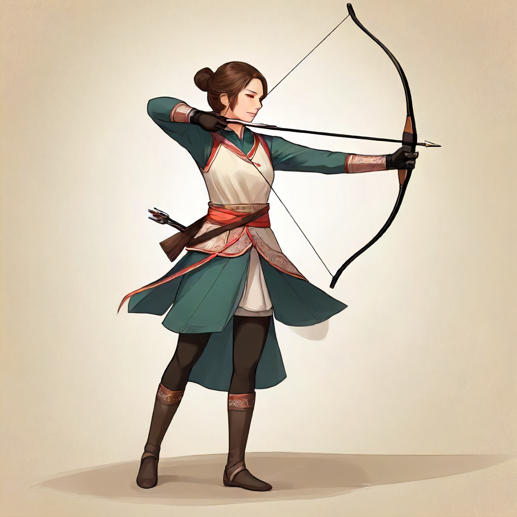 1girl,recurve bow , Aiming a Bow, firing and arrow, Bow, Japanese, kyudo, yumi, solo, d1dress, brown hair, gloves, holding, standing, full body, ponytail, weapon, single glove, bow \(weapon\), partially fingerless gloves, arrow \(projectile\), holding bow \(weapon\), aiming, drawing bow, archery, d1 dress, cloth, beautiful eyes<lora:mergedarchedlora:0.7>