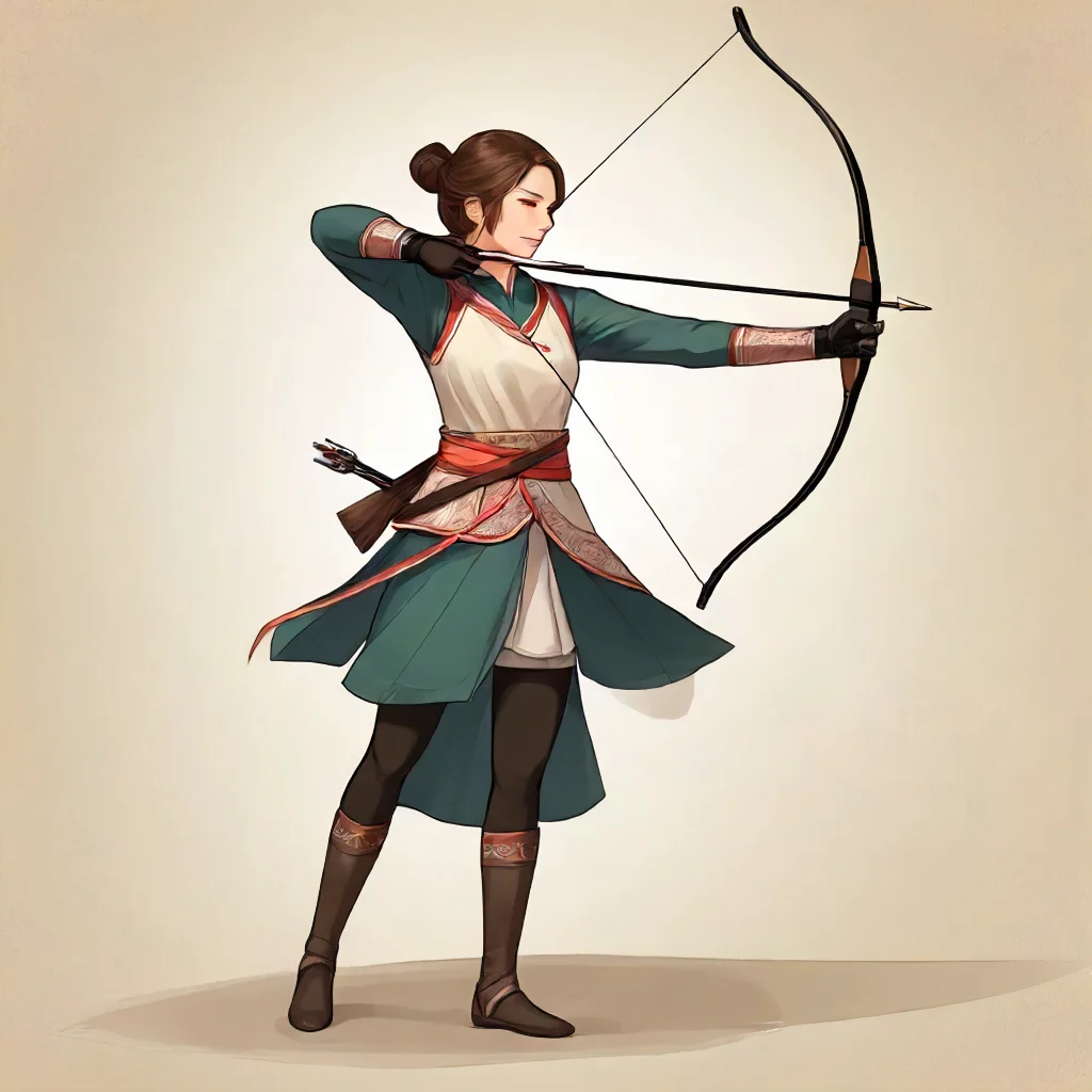 1girl,recurve bow , Aiming a Bow, firing and arrow, Bow, Japanese, kyudo, yumi, solo, d1dress, brown hair, gloves, holding, standing, full body, ponytail, weapon, single glove, bow \(weapon\), partially fingerless gloves, arrow \(projectile\), holding bow \(weapon\), aiming, drawing bow, archery, d1 dress, cloth, beautiful eyes<lora:mergedarchedlora:0.7>