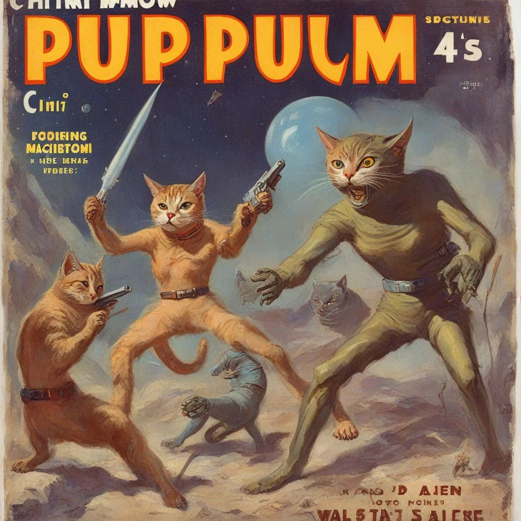 A vintage pulp magazine cover of a HuMeow fighting aliens VintageMagStyle <lora:SDXL-HuMeow-LoRA-r8-000003:1> <lora:SDXL-VintageMagStyle-Lora-000004:1>