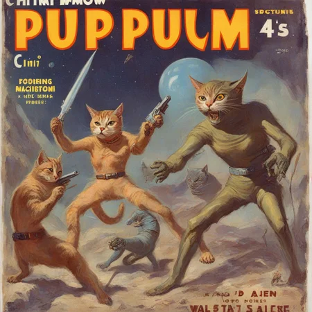 A vintage pulp magazine cover of a HuMeow fighting aliens VintageMagStyle <lora:SDXL-HuMeow-LoRA-r8-000003:1> <lora:SDXL-VintageMagStyle-Lora-000004:1>