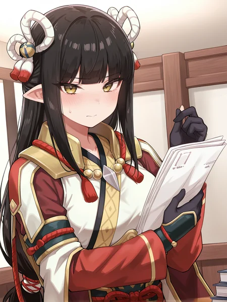 4 finger hands,minoto, 1girl, solo, blush, looking at viewer, white background, upper body, indoors, closed mouth, sidelocks, paper, sweatdrop, red eyeliner, holding paper, double hair ornament, white kimono, red sleeves, black gloves,
masterpiece,best quality,amazing quality,very aesthetic,absurdres,newest,<lora:Minoto and Hinoa illuXL v1.1:0.83>,