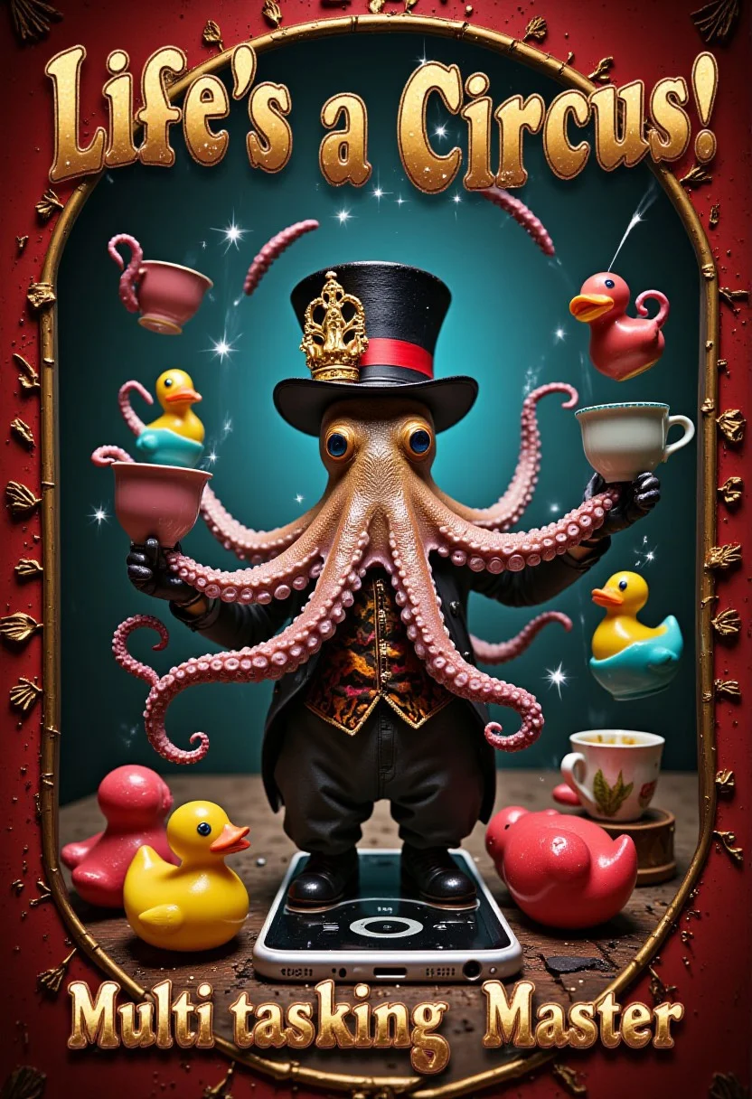 Life’s a Circus!" – A juggling octopus in a tiny top hat, balancing teacups, rubber ducks, and a smartphone, with the text "Multitasking Master" in a circus-style font
detailmaximizer, gaming, magic frame, object