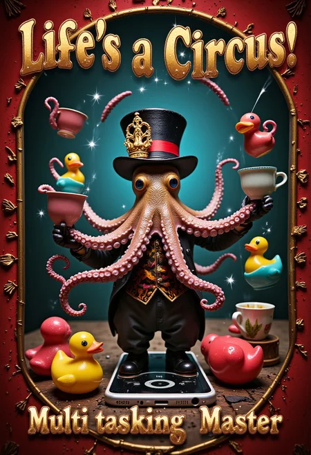 Life’s a Circus!" – A juggling octopus in a tiny top hat, balancing teacups, rubber ducks, and a smartphone, with the text "Multitasking Master" in a circus-style font
detailmaximizer, gaming, magic frame, object