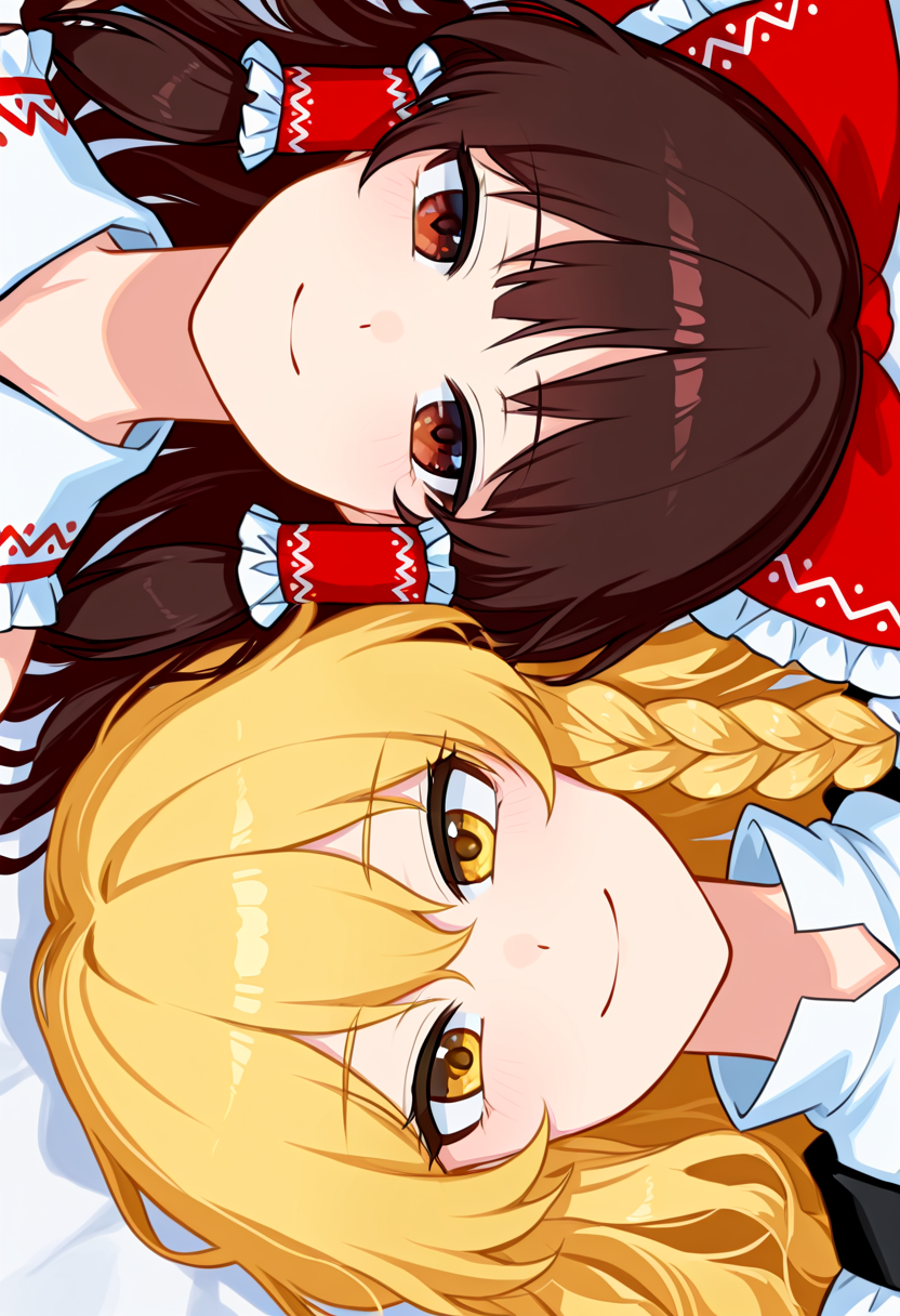 masterpiece, high quality, absurdres, lying parallel, lying, close-up, rotational symmetry, 2girls, 
BREAK
hakurei reimu, closed mouth, smile,
BREAK
kirisame marisa, closed mouth, smile,
 <lora:Lying_parallel:1>