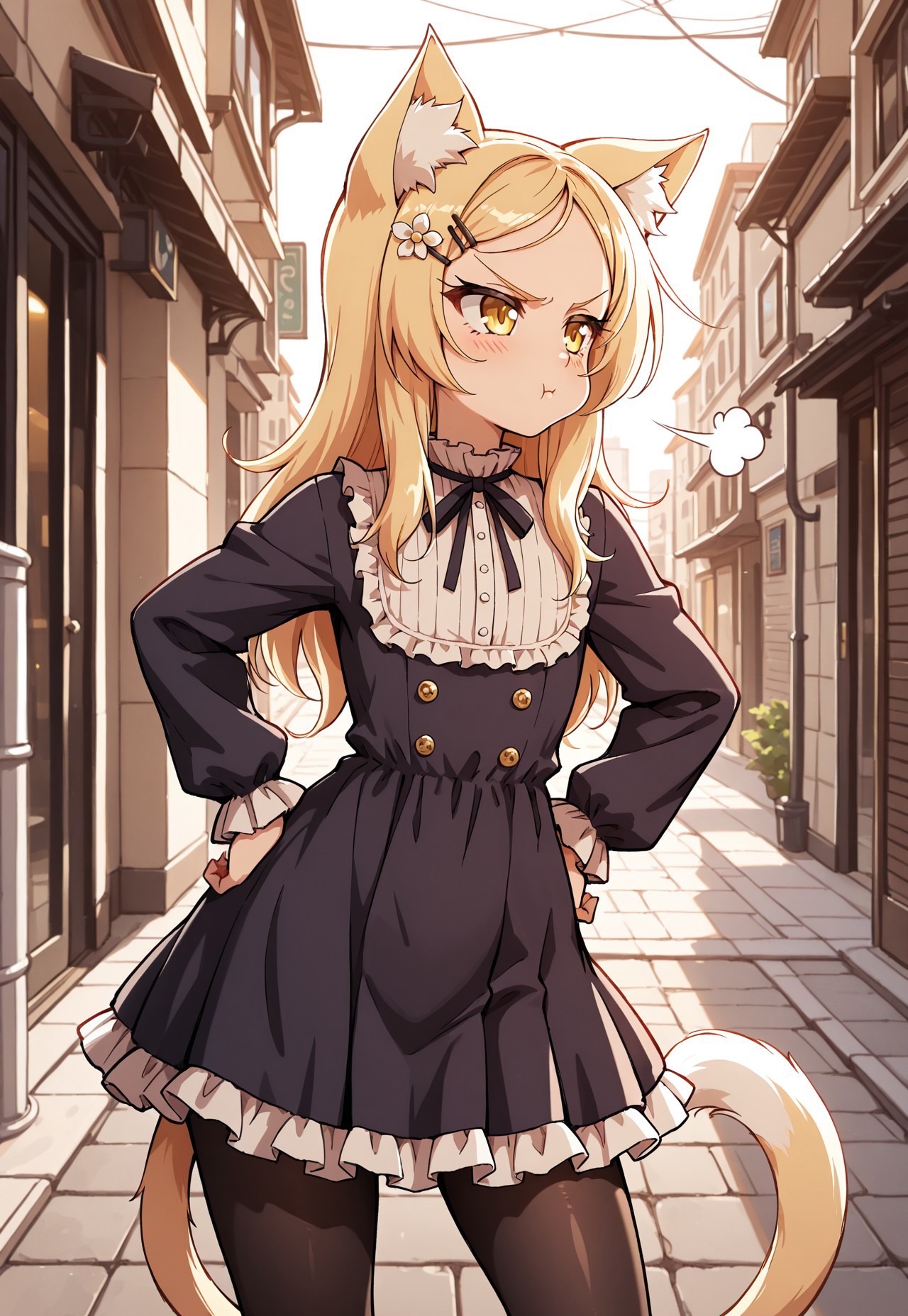 (masterpiece,best quality:1.3),1girl,cat girl,flat chest,

blonde hair,yellow eyes,cat ears,cat tail,

hair flower,hair ornament,hairclip,frilled jacket, frilled dress,black leggings,loafers,

contrapposto,hand on hips,pout,puff of air,annoyed,looking afar,cowboy shot,

outdoors,downtown,streets,buildings,(rim lighting,soft shadows:1.2)
