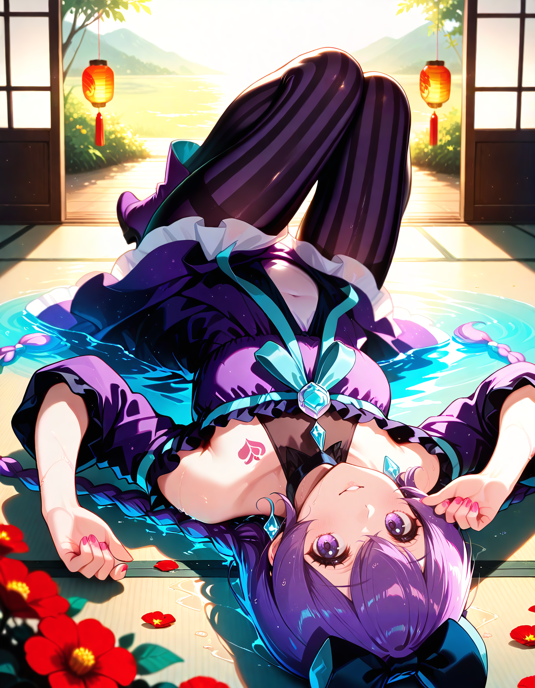 Smooth Quality <lora:mimiko_IL:1> mimiko, purple hair, long hair, twin braids, hair bow, purple eyes, jewelry, earrings, choker, bare shoulders, purple dress, vertical-striped pantyhose, purple footwear, 1girl, chest_tattoo, fingernails, flower, hand_up, looking_at_viewer, lying, nail_polish, on_back, parted_lips, partially_submerged, pink_nails, red_flower, smile, solo, stomach, sunset, tattoo, water, wet, traditional_tatami_room, sliding_doors_slightly_open, paper_lanterns, minimalist_decor, peaceful_setting, intimate_pose, (amakawa tamawo:1.5),, detailed eyes, detailed face, detailed skin <lora:DetailedEyes_V3:1> <lora:cfg_scale_boost:0.7> <lora:lightingSlider:1> blue hour (backlight:1.4), <lora:SkindentationIL3.4_alpha16.0_rank32_full_400steps:4> <lora:ponyv6_noobE11_2_adamW:0.7>