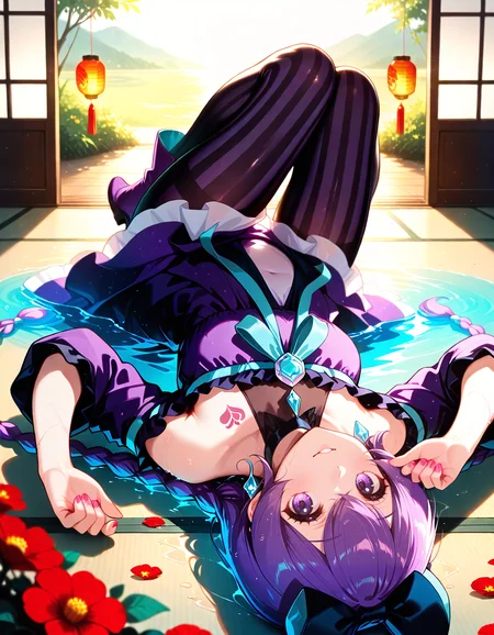 Smooth Quality <lora:mimiko_IL:1> mimiko, purple hair, long hair, twin braids, hair bow, purple eyes, jewelry, earrings, choker, bare shoulders, purple dress, vertical-striped pantyhose, purple footwear, 1girl, chest_tattoo, fingernails, flower, hand_up, looking_at_viewer, lying, nail_polish, on_back, parted_lips, partially_submerged, pink_nails, red_flower, smile, solo, stomach, sunset, tattoo, water, wet, traditional_tatami_room, sliding_doors_slightly_open, paper_lanterns, minimalist_decor, peaceful_setting, intimate_pose, (amakawa tamawo:1.5),, detailed eyes, detailed face, detailed skin <lora:DetailedEyes_V3:1> <lora:cfg_scale_boost:0.7> <lora:lightingSlider:1> blue hour (backlight:1.4), <lora:SkindentationIL3.4_alpha16.0_rank32_full_400steps:4> <lora:ponyv6_noobE11_2_adamW:0.7>