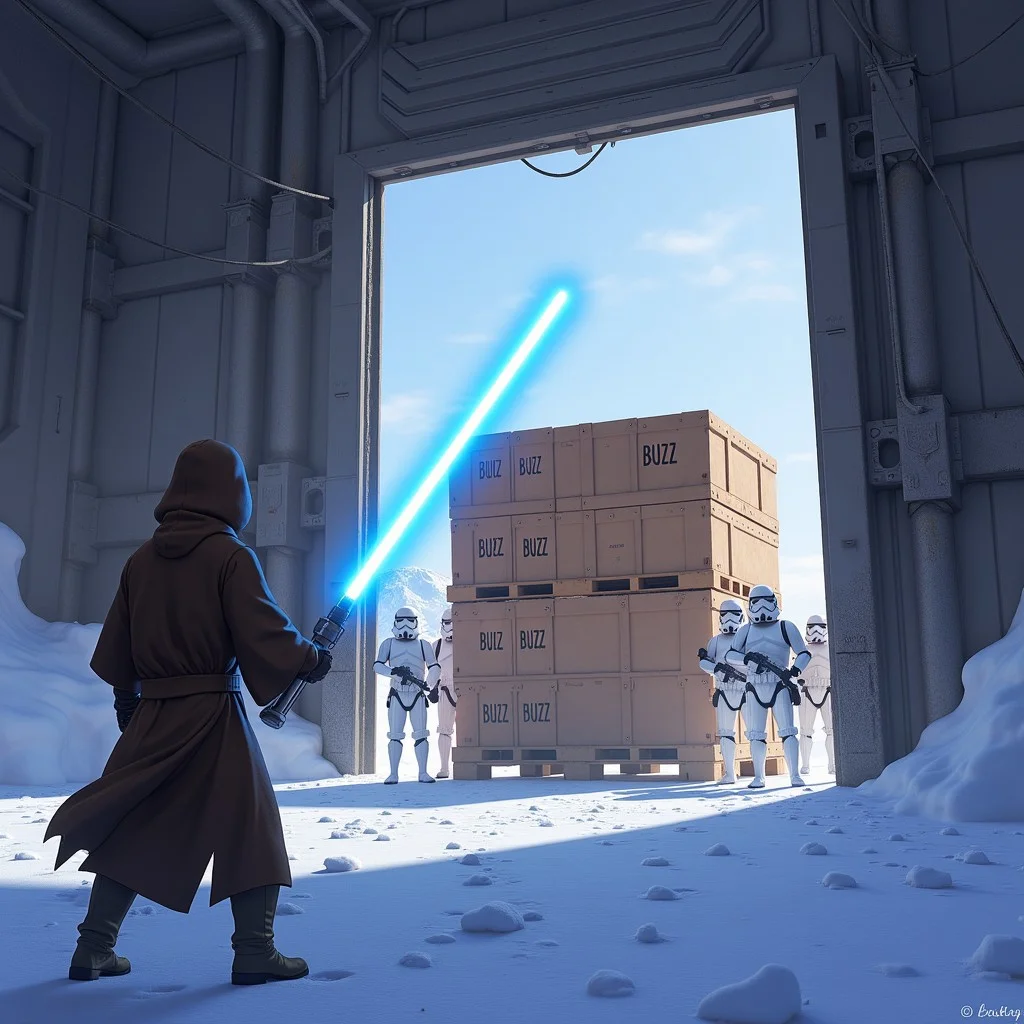 A young Jedi named Obi Wan BuzzObi is hunting imperial scum. He is looking for the last remaining BUZZ on the Frozen world of Hoth. He enters a large imperial hanger where several Storm Troopers are guarding a large pallet of BUZZ. His blue lightsaber is drawn and he is ready for battle. The pallet should be boxes or crates and they should be clearly labelled with BUZZ. Include the title of the scene is "May The BUZZ Be With You" at the top of the image.