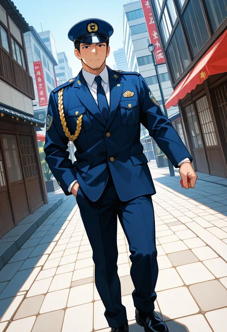 score_9, score_8_up, score_7_up, score_6_up, perfect anatomy, perfect proportions, best quality, masterpiece, high_resolution, high quality, aesthetic, absurdres, male focus, solo male, adult, mature, masculine, manly, handsome, charming, alluring, standing, upper body, dutch angle, cowboy shot, BREAK (asian male, japanese male:1.3), black eyes, black hair, short hair, facial hair, stubble, BREAK Japanese Winter Police Uniform, Japanese Police Uniform, Winter Police Uniform, male Police Uniform, HannekenJpPcWt01, formal uniform,white collared shirt, dark blue necktie, dark blue formal jacket, rank insignia, Japanese police emblem, dark blue pants, aiguillette, black shoes, dark peaked cap, outdoors, japanese modern city