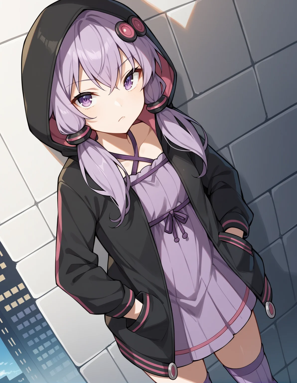 score_9, score_8_up, score_7_up, score_6_up, score_5_up, score_4_up, source_anime, rating_safe, BREAK<lora:yukariXL_LoRA-C3Lier_AdamW_Dim16_Alpha16_UN-3e-4_TE-1.5e-4_10batch_ponyDiffusionV6XL_v6StartWithThisOne:1>, yuzuki yukari, 1girl, short hair with long locks, purple hair, purple eyes, small breasts, animal ear hood, rabbit ears, hood up, criss-cross halter, purple dress, black jacket, long sleeves, purple thighhighs, standing, hands in pockets, looking at viewer, looking up, light frown, from above, dutch angle, city, against wall, gradient sky, sunset, cloud