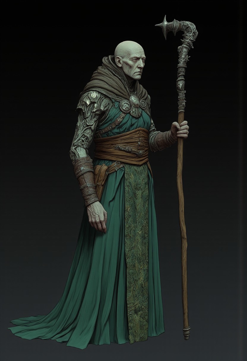 Standing in a hyper stanced extended action pose
a meddle aged bald medieval sorcerer mage wearing a green tunic and a wizards staff made out of wood zbrush
Set against a solid dark black color background to emphasize its unsettling unnatural form that emphasizes its silhouette. The medium is not a traditional painting or illustrative medium like watercolor or ink but rather a digital 3D rendering.
MikeFranchinastyle, d4artstyle, d4concept, , bbstyle,, horror theme,, zbrush, ZBClay model of a gray sculpture, 1990's, 1990's style
