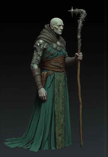 Standing in a hyper stanced extended action pose
a meddle aged bald medieval sorcerer mage wearing a green tunic and a wizards staff made out of wood zbrush
Set against a solid dark black color background to emphasize its unsettling unnatural form that emphasizes its silhouette. The medium is not a traditional painting or illustrative medium like watercolor or ink but rather a digital 3D rendering.
MikeFranchinastyle, d4artstyle, d4concept, , bbstyle,, horror theme,, zbrush, ZBClay model of a gray sculpture, 1990's, 1990's style