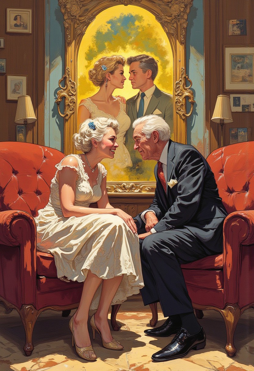 aidmamj6.1, DB4RZ, DB4RZ style painting, sketch_style, vintage, vi_e, Create an image of a heartwarming, romantic scene featuring an elderly couple sitting closely in comfortable recliner chairs. They are positioned facing each other, their expressions soft and full of affection. Behind them, a large ornate mirror reflects their younger selves, capturing them in their prime with vibrant, youthful beauty. The mirror shows them dressed in elegant vintage fashion, with the woman wearing a classic 1950s-style dress adorned with lace and delicate details, and the man dressed in a sharp, tailored suit from the same era. Their hairstyles are vintage, with the woman’s hair styled in soft waves and pinned up with an elegant vintage accessory, while the man’s hair is neatly combed in a fashionable mid-century style. The atmosphere is cozy, filled with nostalgia and timeless love, with the mirror adding an ethereal, almost magical quality to the scene. The lighting is soft and warm, casting a gentle glow over the room, enhancing the emotional depth of the moment. The image should evoke a sense of love that transcends time, celebrating the enduring bond between the couple while reflecting on their shared history, anime cyberpunk.