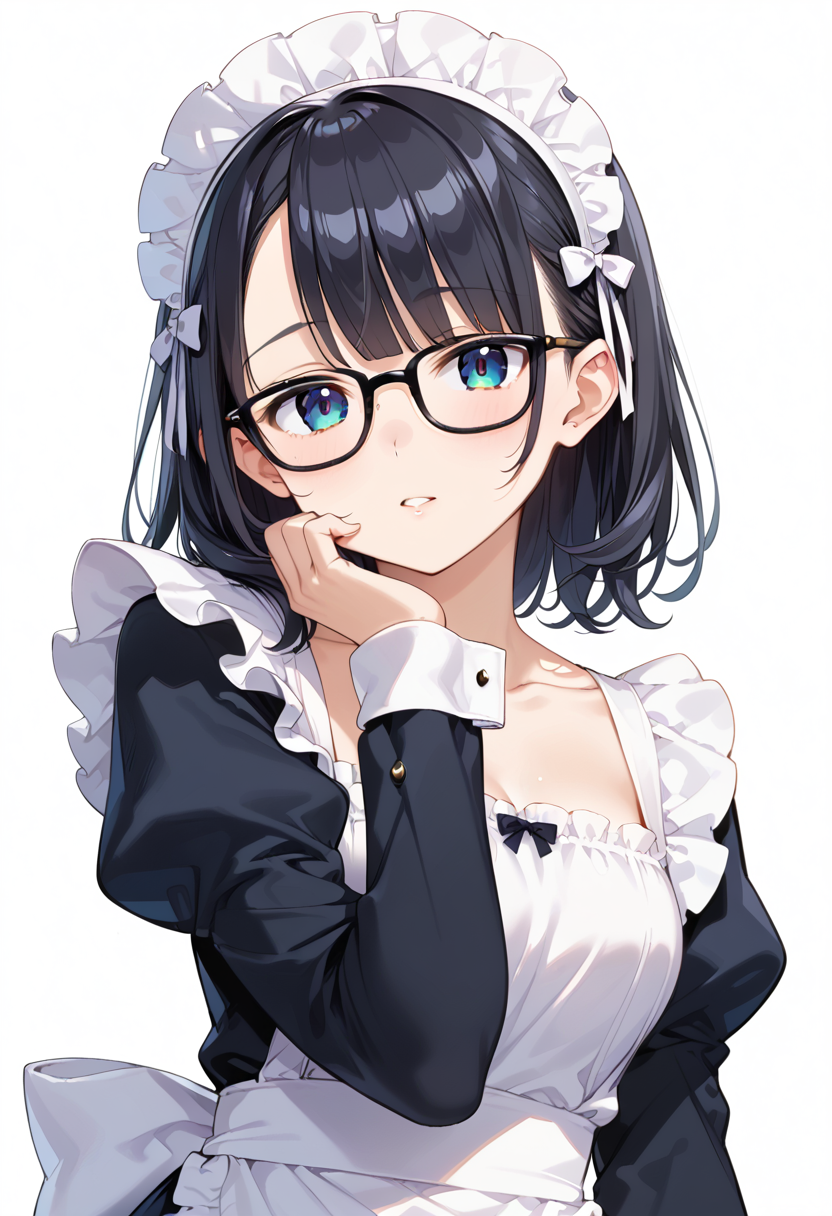 score_9, score_8_up, score_7_up, rating_safe, masterpiece, best quality, absurdres, unity 8k wallpaper, official art, official style, source_anime, uncensored, game cg, megami magazine,
1girl, solo, black hair, medium hair, upper body, covered eyes,maid, maid headdress, black dress, maid apron, face focus,
Wellington24S, glasses, white background, simple background, black-framed eyewear
 <lora:glasses_Wellington24S_PONY_V1:1>