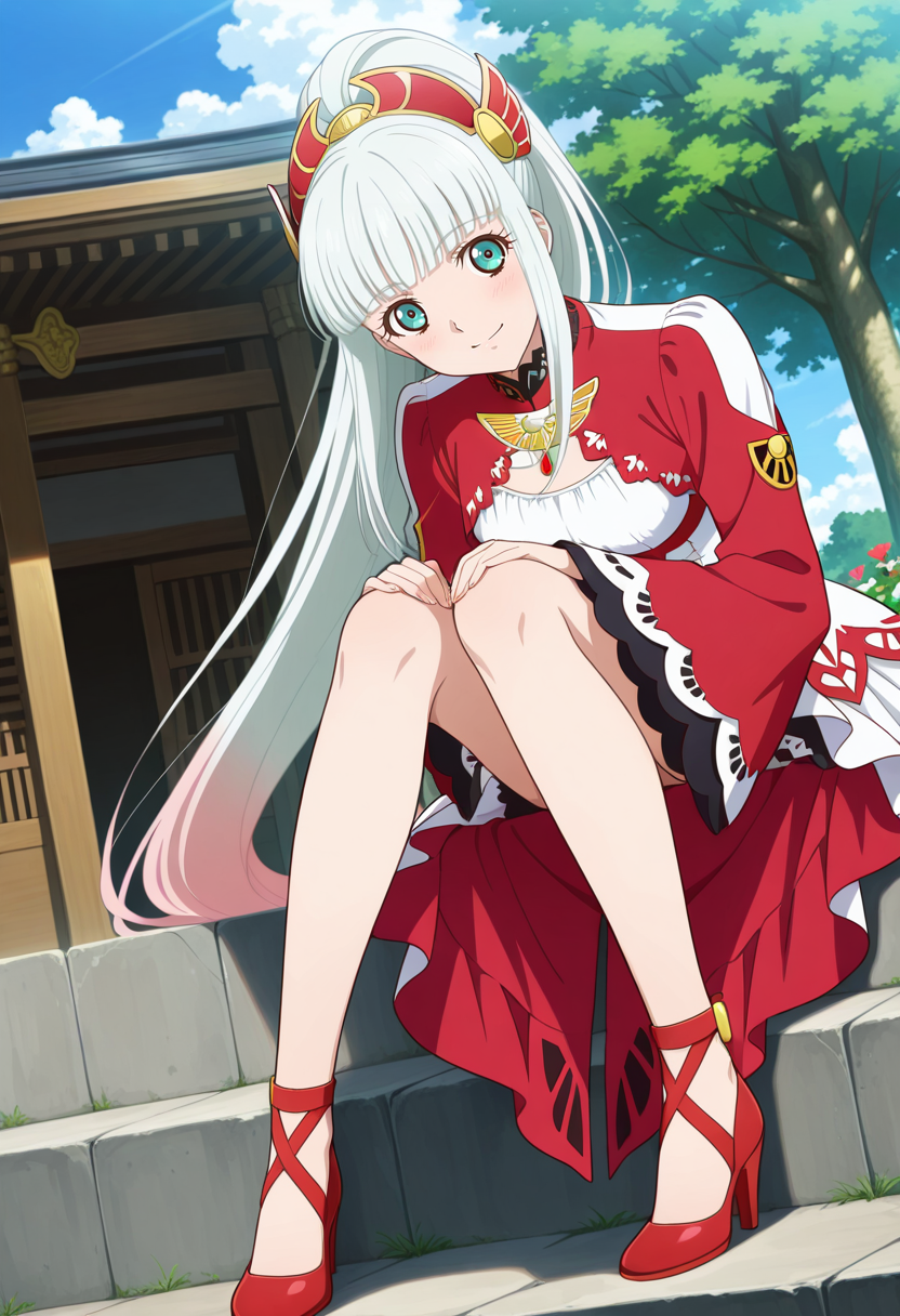 shrine, trees, clouds, day, flowers,
BREAK,
light smile, sitting, looking at viewer, tilting head,  head on knee,
full body, dynamic angle,
BREAK,
<lora:lailahI_illustriousXL_v04:1>
lailahdef, silver hair, very long hair, multicolored hair, blunt bangs, pink hair, ponytail, aqua eyes,
laced collar, breast cutout, jewelry, sidelocks, white dress, red dress, multi-colored dress, long sleeves, red sleeves, wide sleeves, white overskirt,
red high heels,, source_anime, very aesthetic, anime coloring, masterpiece, 
best quality, amazing quality, ultra detailed, very aesthetic, 
detailed background, 
BREAK,