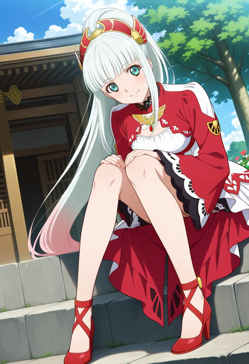 shrine, trees, clouds, day, flowers,
BREAK,
light smile, sitting, looking at viewer, tilting head, head on knee,
full body, dynamic angle,
BREAK,
<lora:lailahI_illustriousXL_v04:1>
lailahdef, silver hair, very long hair, multicolored hair, blunt bangs, pink hair, ponytail, aqua eyes,
laced collar, breast cutout, jewelry, sidelocks, white dress, red dress, multi-colored dress, long sleeves, red sleeves, wide sleeves, white overskirt,
red high heels,, source_anime, very aesthetic, anime coloring, masterpiece,
best quality, amazing quality, ultra detailed, very aesthetic,
detailed background,
BREAK,