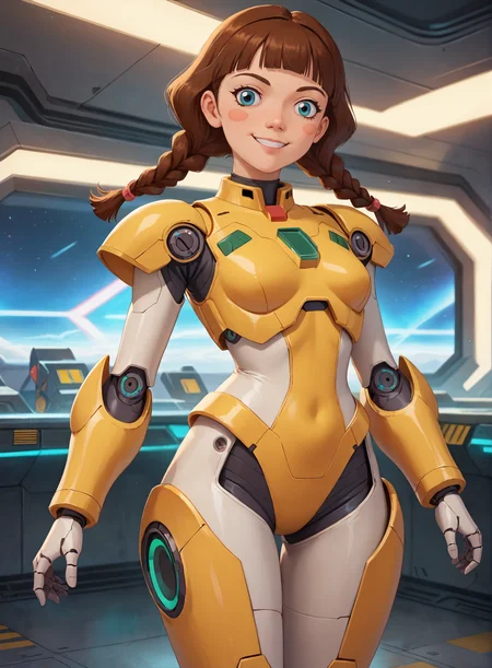 score_9, score_8_up, score_7_up, (masterpiece, best quality, highres, high resolution:1.2), extremely detailed, intricate details, 1girl, solo, lubava, cute, blunt bangs, blush stickers, slight smile, cyborg , brown hair, long braids, fighting stance, cyber armor, futuristic military suit, shiny metal, chrome, cowboy shot, looking at viewer, futuristic, complex details, mecha hangar, indoors, neon, sci-fi, gundam,<lora:melnica_girls_pxl_v1.1:0.7>