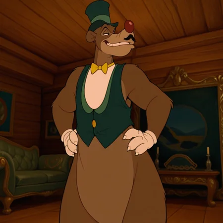 masterpiece, best quality, amazing quality, zozi, male, furry male, anthro, solo, brown fur, two tone fur, black eyes, red nose, mustache, tan muzzle, tail, claws, green top hat, green vest, white opera, yellow bowtie, white gloves, standing, smirk, hands on hips, indoors, living room