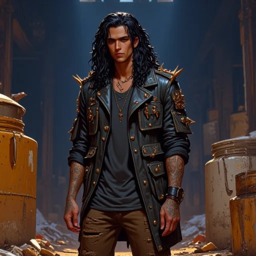 This is a close up digital drawing of a man standing in a semi-realistic style, showcasing a young man. The subject has very long black curly wet hair. He has a fair complexion and dark eyelashes. He wears an oversized leather jacket adorned with metal studs and spikes with multiple pockets and padding on the outside that is torn up. Under that he wears a shirt that is slightly wrinkled, adding to the casual, relaxed vibe of the scene. Very muscular build. Tattered brown jeans. There is trash on the ground. His hands are only partially visible. He is inside a large warehouse. The man is posed casually in a relaxed state without a care in the world. he has multiple tattoos and has a punk rock vibe. The background features rustic objects with chipped paint which is painted in a dark blue hue, contrasting with the warm, amber-colored lighting that bathes the scene. The lighting casts dramatic shadows, emphasizing the man's muscular build and the texture of his t-shirt. The overall mood of the image is contemplative and somewhat melancholic, enhanced by the warm, muted tones and the man's introspective posture. Ultra-detailed, HD, 8K quality, flawless anatomy, and vibrant contrasts that elevate the composition's opulent allure. The image has high contrast where reflected light appears brighter and shadows appear darker which enhances the contrast and hue which results in a visually stunning image that captures the eye easily.