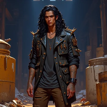 This is a close up digital drawing of a man standing in a semi-realistic style, showcasing a young man. The subject has very long black curly wet hair. He has a fair complexion and dark eyelashes. He wears an oversized leather jacket adorned with metal studs and spikes with multiple pockets and padding on the outside that is torn up. Under that he wears a shirt that is slightly wrinkled, adding to the casual, relaxed vibe of the scene. Very muscular build. Tattered brown jeans. There is trash on the ground. His hands are only partially visible. He is inside a large warehouse. The man is posed casually in a relaxed state without a care in the world. he has multiple tattoos and has a punk rock vibe. The background features rustic objects with chipped paint which is painted in a dark blue hue, contrasting with the warm, amber-colored lighting that bathes the scene. The lighting casts dramatic shadows, emphasizing the man's muscular build and the texture of his t-shirt. The overall mood of the image is contemplative and somewhat melancholic, enhanced by the warm, muted tones and the man's introspective posture. Ultra-detailed, HD, 8K quality, flawless anatomy, and vibrant contrasts that elevate the composition's opulent allure. The image has high contrast where reflected light appears brighter and shadows appear darker which enhances the contrast and hue which results in a visually stunning image that captures the eye easily.