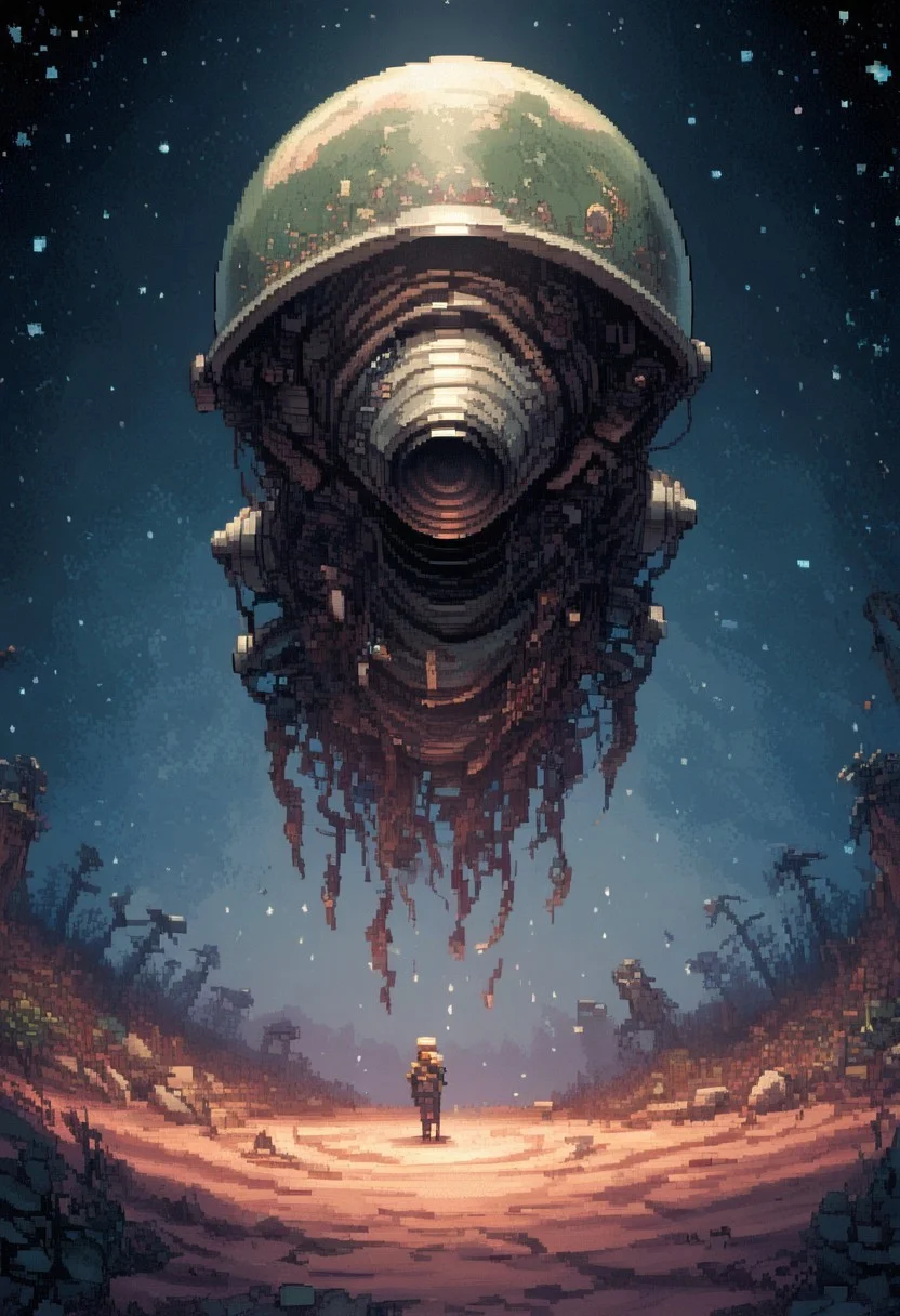 A lone astronaut is stranded on a rogue planet drifting through the void. The planet's surface is covered in bioluminescent flora that pulses with an eerie, rhythmic glow. As they explore, the astronaut experiences visions of alien civilizations and cosmic events, guided by the mysterious lights.
(ArsMJStylePony, detailed, dynamic, pixel art shading, pixel_art style background, zPDXL2, pixelart,pixel, yamer_pixel_fusion)