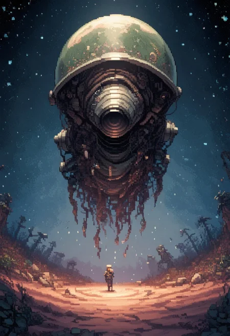 A lone astronaut is stranded on a rogue planet drifting through the void. The planet's surface is covered in bioluminescent flora that pulses with an eerie, rhythmic glow. As they explore, the astronaut experiences visions of alien civilizations and cosmic events, guided by the mysterious lights.
(ArsMJStylePony, detailed, dynamic, pixel art shading, pixel_art style background, zPDXL2, pixelart,pixel, yamer_pixel_fusion)
