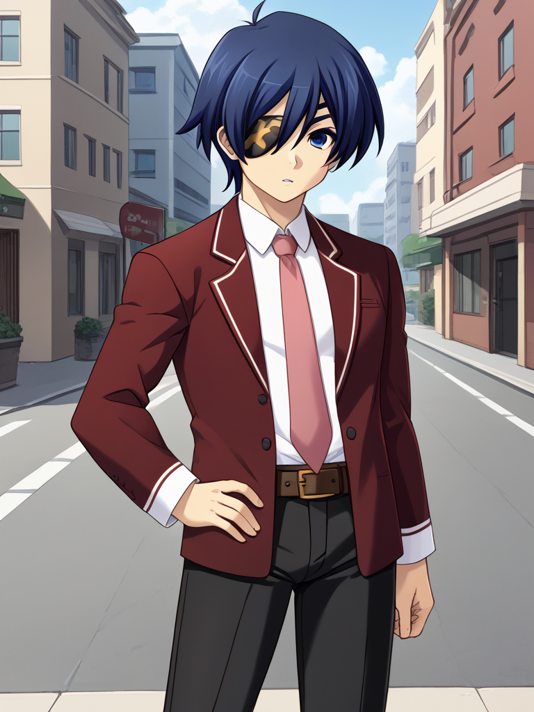 1boy, solo, kakerueleveneyes, blue hair, short hair, ahoge, blue eyes, eyepatch, red blazer, white collared shirt, pink necktie, brown belt, black pants, school uniform, outdoors, street, standing, hand on hip, parted lips, cowboy shot