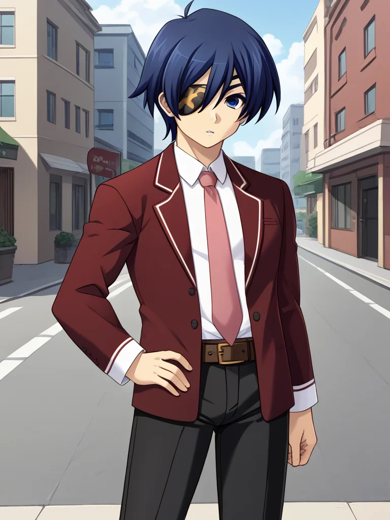 1boy, solo, kakerueleveneyes, blue hair, short hair, ahoge, blue eyes, eyepatch, red blazer, white collared shirt, pink necktie, brown belt, black pants, school uniform, outdoors, street, standing, hand on hip, parted lips, cowboy shot