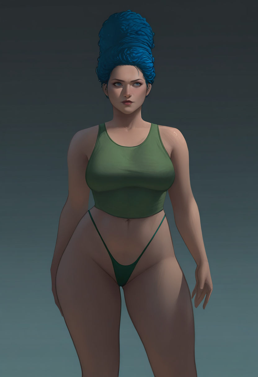 1girl, solo, blue hair, afro, curvy body, medium breasts, short green tank top, g-string, green thong, standing, masterpiece, best quality, newest, absurdres, highres, realistic, <lora:ngmi_-_Style:1>, ngmi_style,