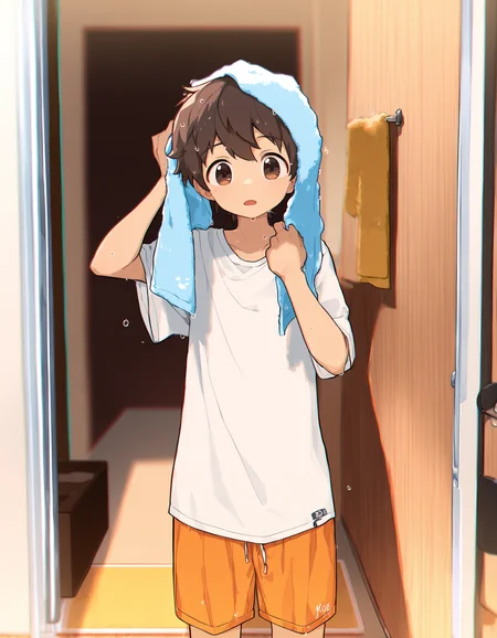 masterpiece, best quality, good quality, koemixpi-style, indoors, doorway, 1boy, solo, koe-inaho, brown hair, brown eyes, white t-shirt, shorts, towel on head, standing, drying hair, looking at viewer, depth of field, chromatic aberration <lora:koe-mixpi_naiXL_v3b_ShoAI:1>