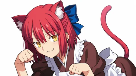 smile, cat pose, :3, smug face, red cat ears,, masterpiece, best quality, amazing quality, very aesthetic, absurdres, newest, anime screencap, <lora:kohakuILM:1>, kohaku (tsukihime), takeuchi takashi, yellow eyes, red hair, hair ribbon, blue ribbon, hair between eyes, short hair, sidelocks, bob cut, maid, maid apron, apron, white apron, kimono, brown kimono, japanese clothes, wa maid, puffy short sleeves, animal ears, cat ears, animal ear fluff, tail, cat tail,