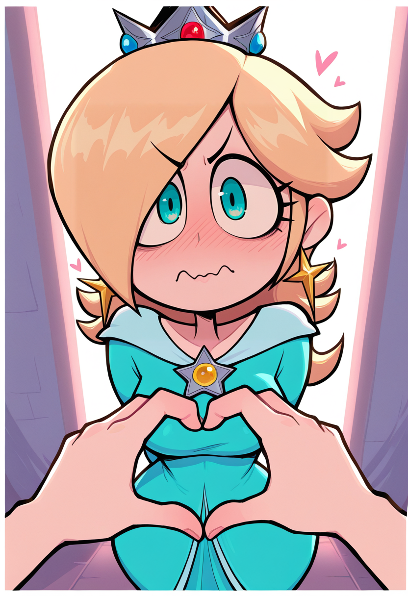 IllustriousQual, masterpiece, best quality, amazing quality, very aesthetic, absurdres, 1girl, solo, white border, backlighting
solo, standing , heart hand duo, cowboy shot, looking at viewer,  dutch angle,, v-shaped eyebrows,  wavy mouth,  nose blush,  averting eyes,, birdâs eye view,
<lora:ValbunStyle-IL:0.9> valbun, Rosalina