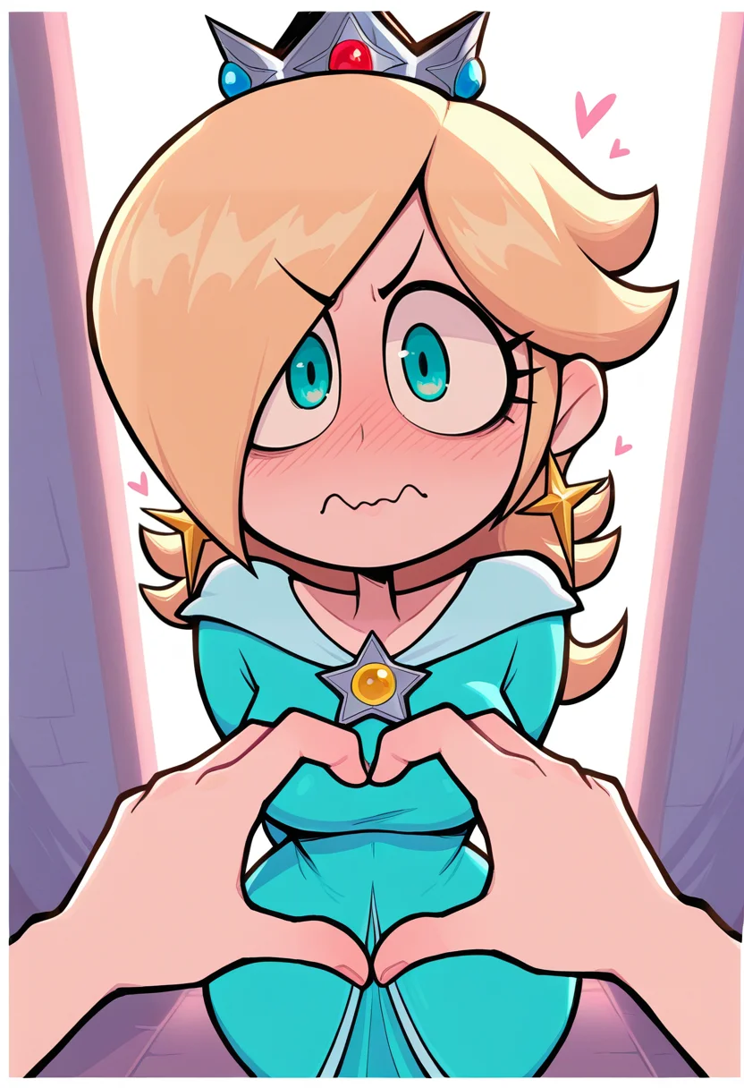 IllustriousQual, masterpiece, best quality, amazing quality, very aesthetic, absurdres, 1girl, solo, white border, backlighting
solo, standing , heart hand duo, cowboy shot, looking at viewer, dutch angle,, v-shaped eyebrows, wavy mouth, nose blush, averting eyes,, birdâs eye view,
<lora:ValbunStyle-IL:0.9> valbun, Rosalina