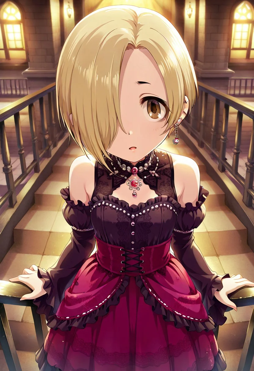 masterpiece,best quality,amazing quality, shirasaka koume, blonde hair, hair over one eye, short hair, brown eyes, 1girl, solo, dress, jewelry, earrings, looking at viewer,railing, ear piercing, detached sleeves