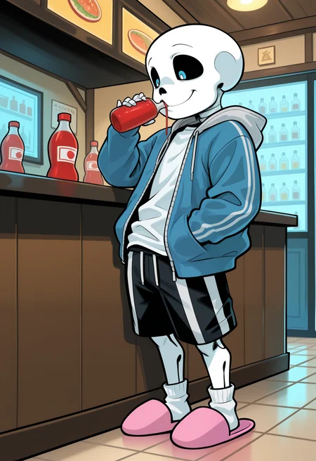 masterpiece,best quality,amazing quality, 1boy, solo, s4ns, white shirt, white socks, pink slippers, skeleton, blue jacket, black shorts,
inside, bar, drinking ketchup,