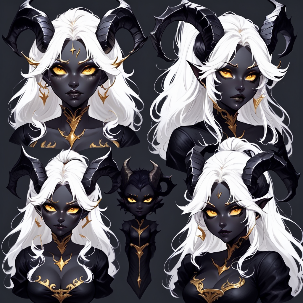 super sexy face,white hair, succubus with gold horns, black charcoal skin,highly focused,18th century,black outfit