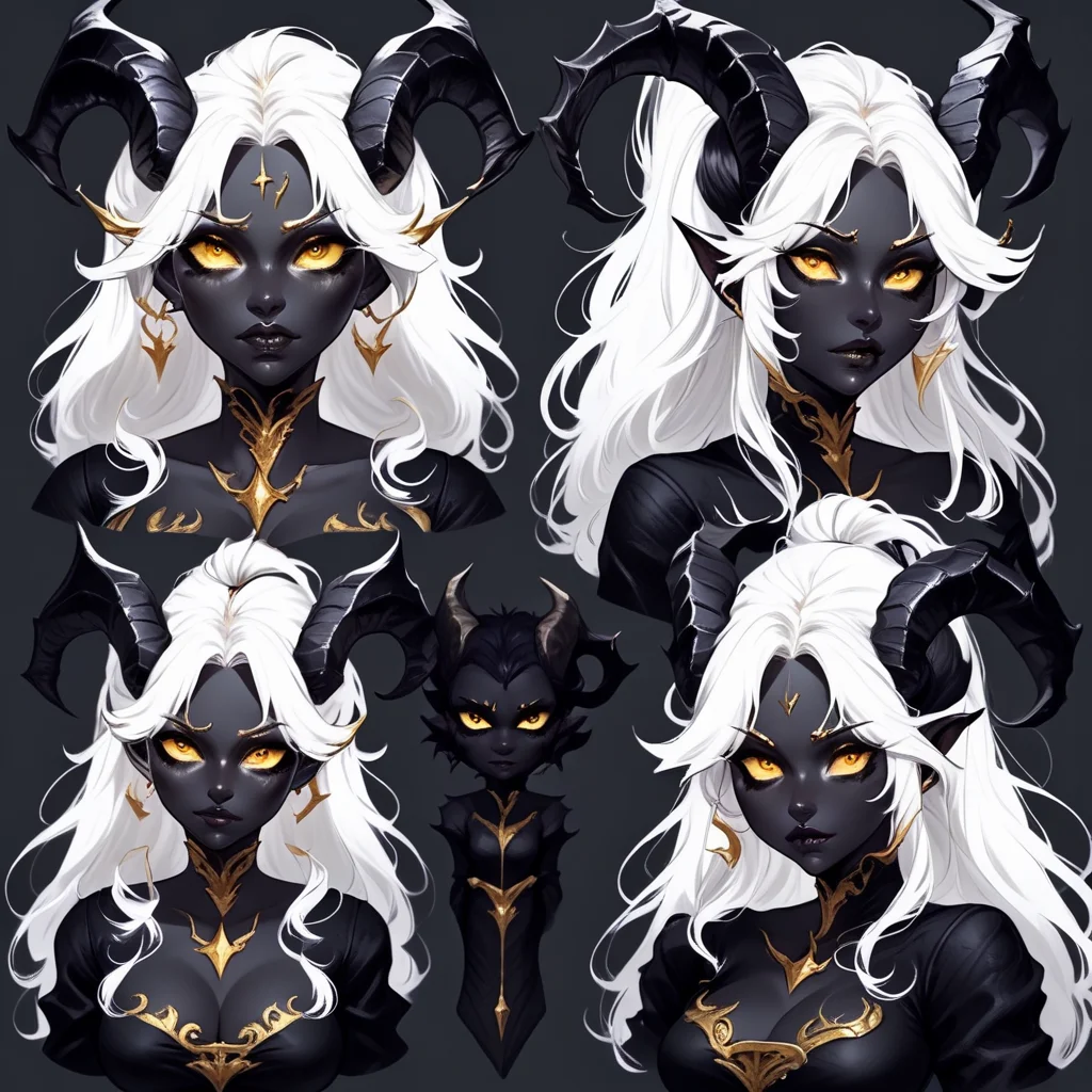 super sexy face,white hair, succubus with gold horns, black charcoal skin,highly focused,18th century,black outfit
