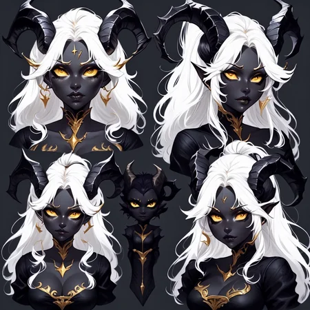 super sexy face,white hair, succubus with gold horns, black charcoal skin,highly focused,18th century,black outfit