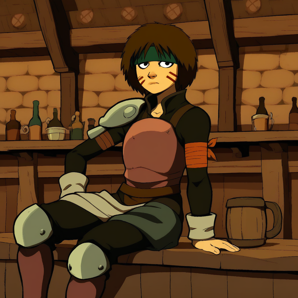score_9, solo, smellerbee, brown hair, headband, armor, facial marks, tavern, sitting