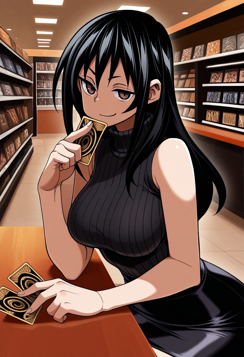 masterpiece, best quality, amazing quality, EmiSawatari, black hair, brown eyes, 1girl, solo, indoors, black sweater, sleeveless, tight skirt, sitting, table, indoors, store, upper body focus, holding cards, confident smirk, looking at viewer, magic: the gathering,